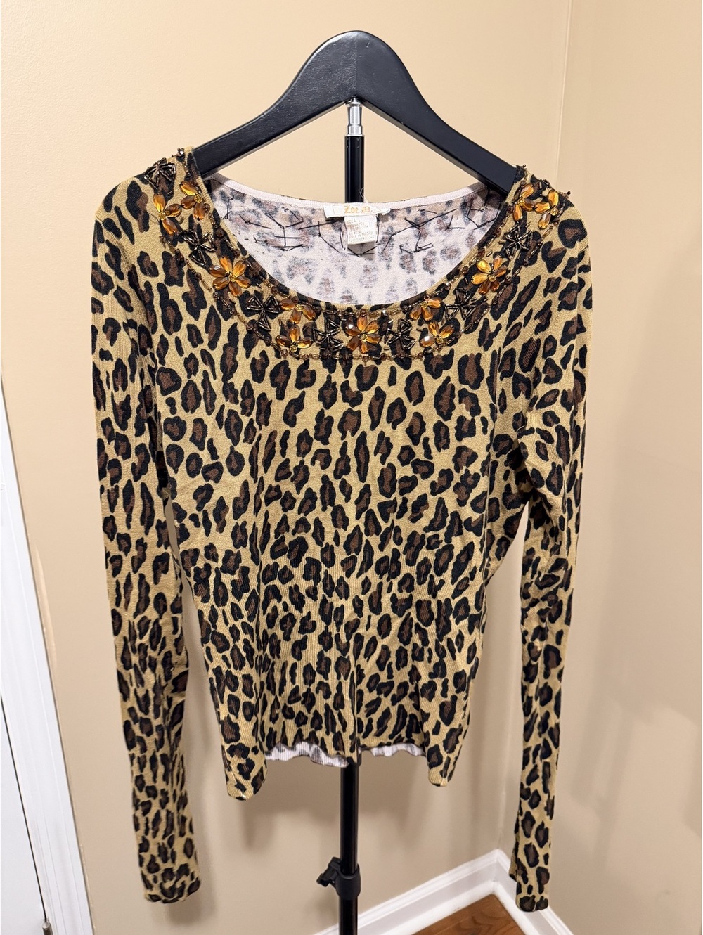 Vintage Zoe D Leopard Beaded Embellished Sweater Women L